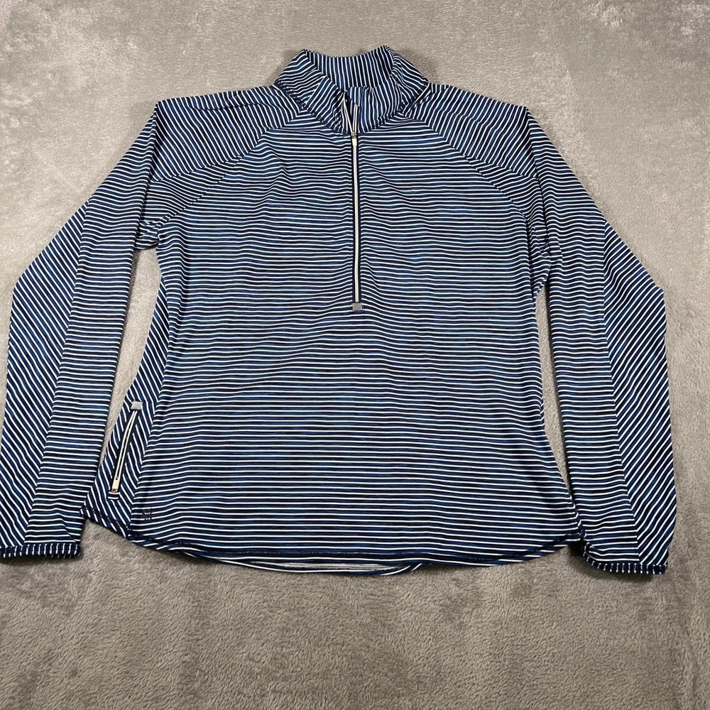 Athleta Running Wild Jacket Womens Medium Blue Striped Half Zip‎ Long Sleeve